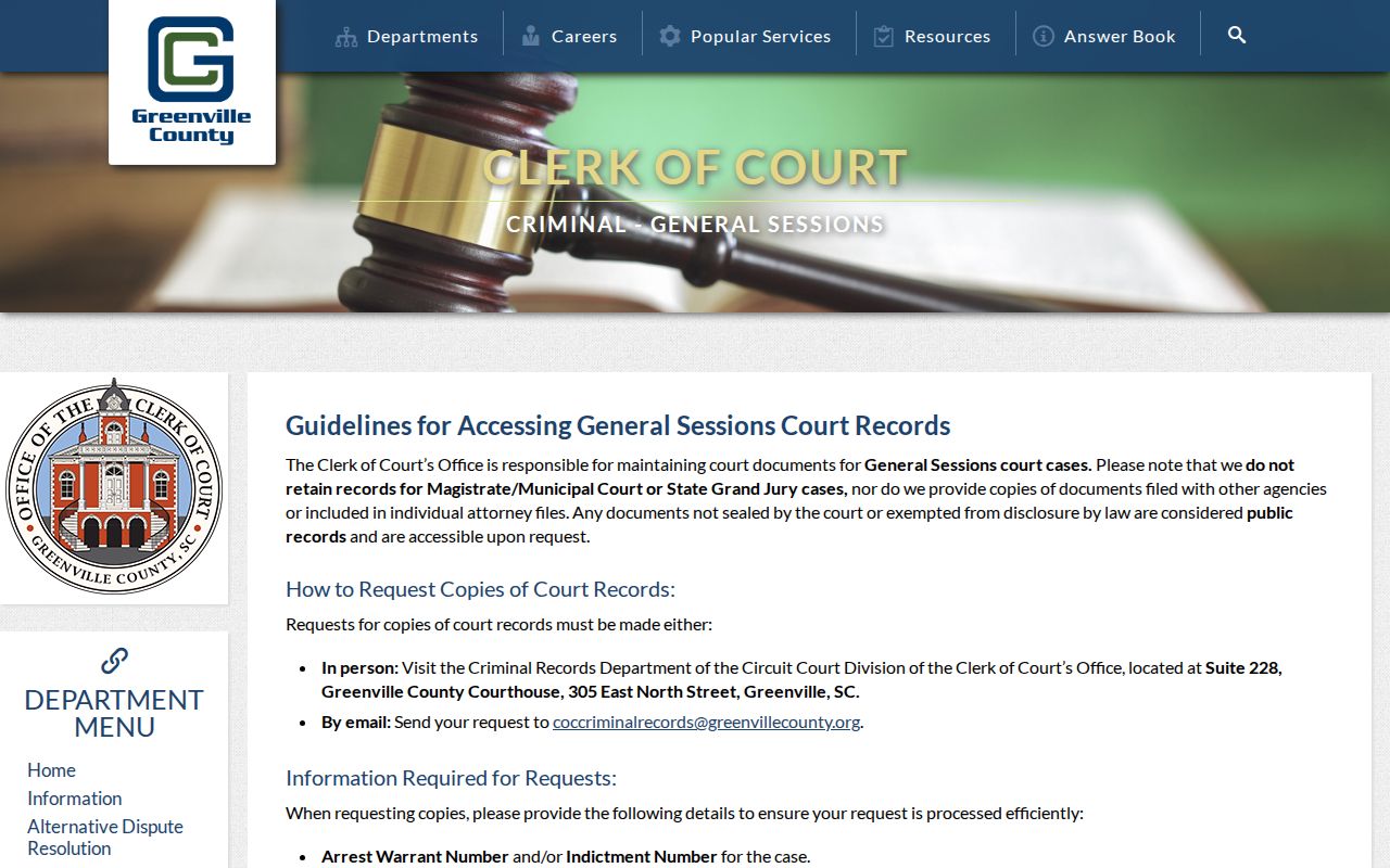 Greenville County warrant records copy request instructions