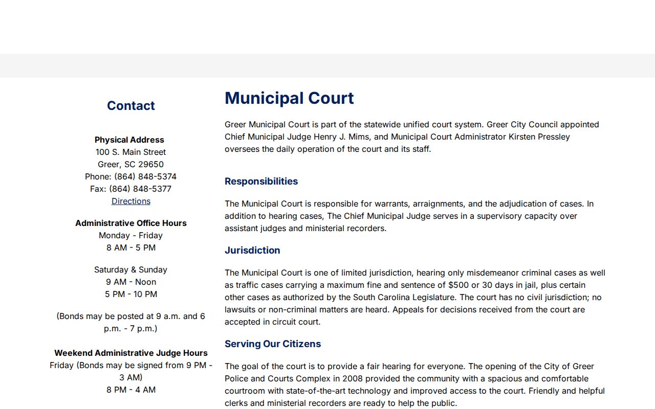 Greer Municipal Court warrant and contact information