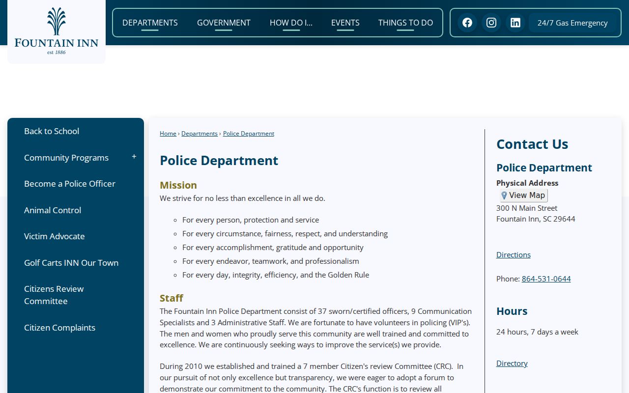 Fountain Inn police department contact for warrant service questions