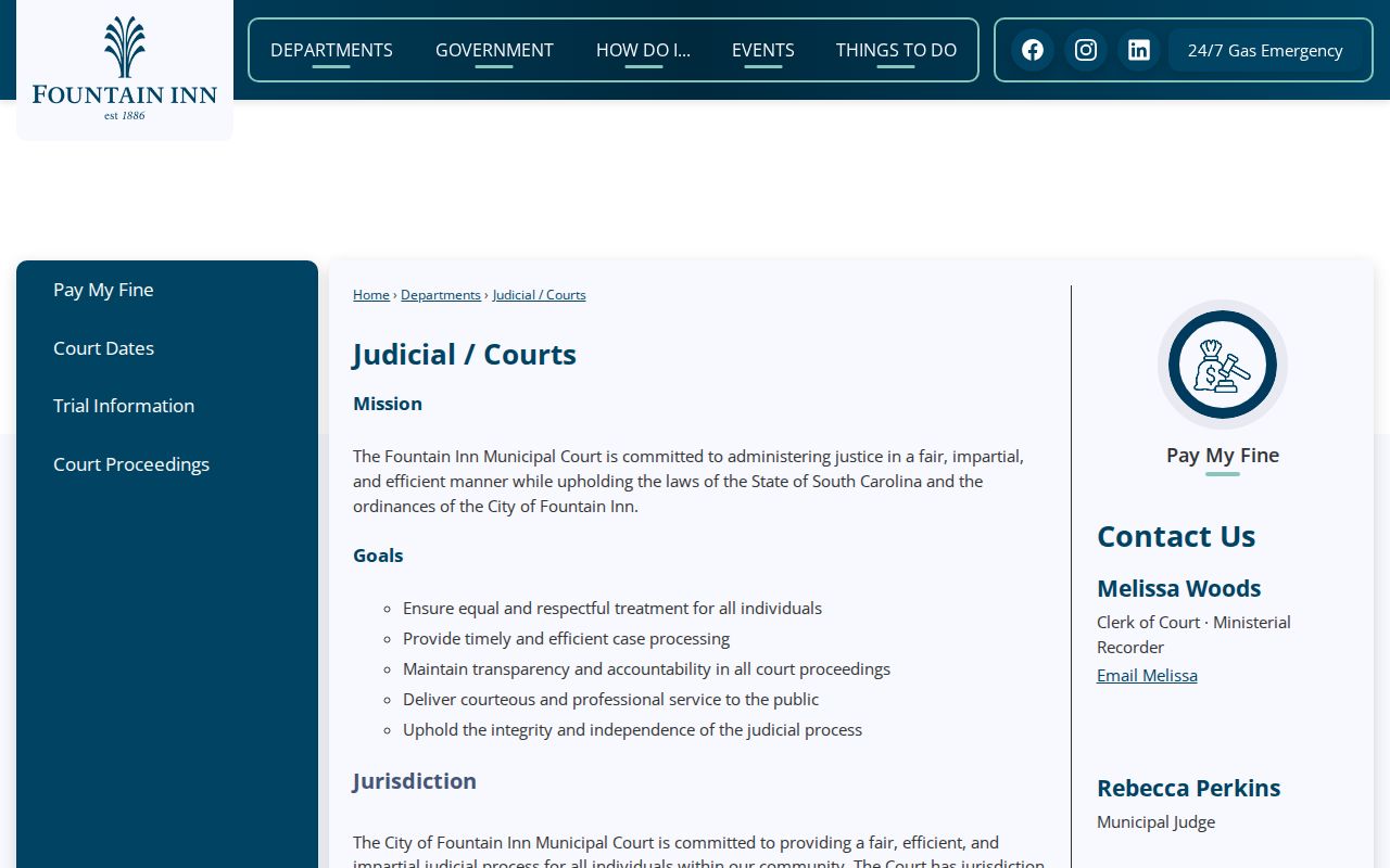 Fountain Inn Municipal Court warrant contact and schedule