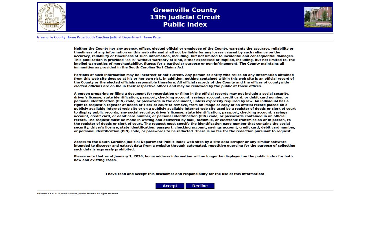 Greenville County warrant search disclaimer and Public Index entry